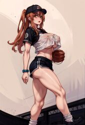 ai_generated baseball_cap baseball_glove baseball_uniform covered_nipples crop_top field hard_nipples long_hair microshorts orange_hair shorts sneakers tokyo_revengers uniform yellow_eyes yuzuha_shiba