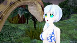 3d bikini blue_eyes blue_lipstick breasts confusion facial_scar hypnosis jungle kaa kaa_eyes koikatsu lipstick long_hair medium_breasts mind_control mrkoiru open_mouth outdoors ponytail rwby scar snake swimsuit the_jungle_book weiss_schnee white_hair