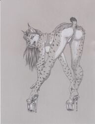 2016 anthro areola ass_up bent_over breasts clitoris clothed clothing ear_piercing ear_tuft erect_nipples feline female footwear hair high_heels lizebra long_hair looking_at_viewer looking_back lynx mammal miniskirt monochrome naked_footwear naked_heels nipples nude open_mouth partially_clothed piercing platform_footwear platform_heels presenting presenting_pussy pussy shoes skirt solo spots tuft upskirt