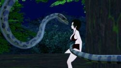 1boy 1girls 3d bikini black_hair breasts cleavage coiling crossover hypnosis jungle kaa kaa_eyes koikatsu large_breasts leaning_forward lipstick mind_control mrkoiru outdoors pale_skin red_lipstick ruby_rose rwby short_hair snake surprised swimsuit the_jungle_book tree