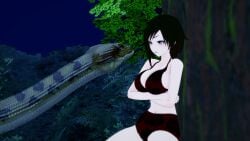 1boy 1girls 3d angry bikini black_hair breasts crossed_arms crossover jungle kaa koikatsu large_breasts lipstick mrkoiru outdoors pale_skin red_lipstick ruby_rose rwby short_hair silver_eyes snake swimsuit the_jungle_book tree