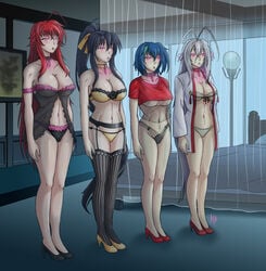 4girls akeno_himejima babydoll big_breasts black_hair blue_hair bra brainwashing breasts brothel cleavage collar female female_only femsub fishnets garter_belt garter_straps glowing_eyes heels high_heels high_school_dxd hypnosis lineup lingerie long_hair mind_control multiple_girls multiple_subs negligee nightgown panties pink_eyes prostitute red_hair rias_gremory rossweisse see-through short_hair shrine_maiden slave slave_collar stockings take_your_pick thighhighs thong white_hair xenovia_quarta