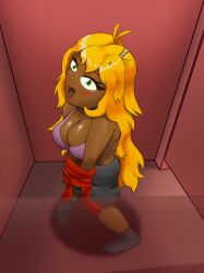 1girls big_breasts big_hair bra changing_booth changing_clothes changing_room cleavage dark_skin embarrassed epic_omi fluffy_hair from_above green_eyes long_hair orange_hair self_upload spying suprised suprised_look taking_clothes_off