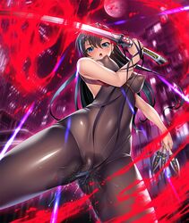 black_hair blue_eyes breasts city curvy earrings female female fuuma_tokiko jewelry kagami_hirotaka kunai lilith-soft looking_at_viewer moon night nipples pussy_juice shiny shiny_clothes sky standing sweat sword taimanin_(series) taimanin_asagi taimanin_asagi_battle_arena weapon