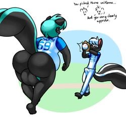 anthro ass balls baseball_(disambiguation) big_balls big_butt bottomless bulge clothed clothing duo erection erection_under_clothes father father_and_son huge_balls huge_butt incest male mammal norithics parent skunk son yaoi