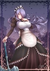 1girls adsouto alternate_costume apron axe breasts camilla_(fire_emblem) female female_only finger_to_mouth fire_emblem fire_emblem_fates hair_over_one_eye highres large_breasts long_hair looking_at_viewer maid maid_apron maid_headdress nintendo purple_hair solo