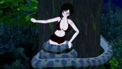 1boy 1girls 3d bikini black_hair blush breasts cleavage coiling crossover embarrassed jungle kaa kaa_eyes koikatsu large_breasts lipstick mrkoiru outdoors pale_skin red_lipstick ruby_rose rwby short_hair snake swimsuit the_jungle_book trance_break tree