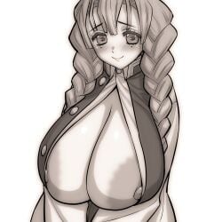 1girls big_breasts big_tits black_and_white breasts demon_slayer female female_only kanroji_mitsuri kimetsu_no_yaiba magaki_ryouta massive_areolae massive_breasts nipples nipples_covered sketch smiling tits