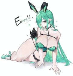 1girls absurd_res big_breasts black_eyes bunny_ears bunny_tail bunnysuit female female_only green_hair hair_over_one_eye heart-shaped_pupils heels legband long_hair looking_at_viewer original original_character pointy_ears solo spiked_collar spiked_legband text thick_thighs toge77789 togetoge white_background