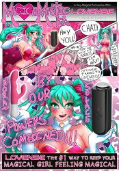 advertisement bluespaceelf chat comic egirl green_eyes lovense lovense_nora magical_girl magicalmysticva magicalmysticva_(oc) mystic promotional_art pubic_tattoo sex_toy streamer talking_to_viewer teal_hair text text_bubble twintails virtual_youtuber vtuber