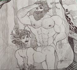 after_sex beard bearded big_ass big_ass_(male) creature cum cum_in_ass cum_in_pussy cum_inside cum_inside_ass cum_on_ass curly_hair doggy_style dominant dominant_male dripping_cum dubious_consent excessive_cum exhausted exhausted_male explosive_orgasm facial_hair faun forest forest_background from_behind from_behind_position gay gay_sex george_(character) goat_ears goat_horns hairy hairy_arms hairy_chest hairy_male horns hunk male/male male_penetrating manly monster monster_boy muscle muscular muscular_male nymph outdoors outdoors_sex outside outside_sex overflowing_cum pencil_(artwork) pointy_ears satyr size_difference sketch standing_doggy_style sweat sweaty sweaty_body text traditional_art traditional_media traditional_media_(artwork) veiny_muscles