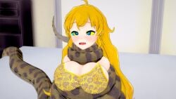 big_breasts blonde_hair bra breasts coiling coils constricting constriction crossover disney happy_trance hypnosis kaa large_breasts mrkoiru open_mouth rwby snake strangling submissive submissive_female the_jungle_book yang_xiao_long