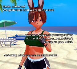 3d_(artwork) beach breasts bunny_ears bunnygirl dialogue dolphin_shorts fenrir:_blood_of_the_covenant koikatsu looking_at_viewer lulu_(fenrir) mollyavast sweat sweaty_body tan_lines