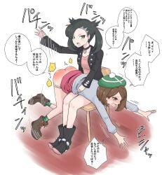 2girls ass black_hair black_jacket boots breasts brown_eyes brown_hair cardigan chair choker crying crying_with_eyes_open dress earrings gloria_(pokemon) green_eyes grey_cardigan hair_ribbon hat high_heel_boots high_heels jacket marnie_(pokemon) nintendo over_the_knee over_the_knee_spanking panties panties_down pink_dress pinkiri pinkiri_(jawking) pokemon pokemon_ss punishment punishment_spanking short_hair sitting_on_chair small_breasts spanking tears twintails white_panties yuri