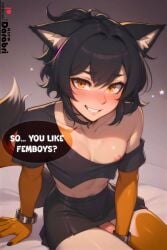 1boy absurd_res ai_generated black_hair crop_top cute darabri english_text exposed femboy feminine_male flat_chest flat_chested fox fox_ears girly logo looking_at_viewer male male_only medium_hair midriff miniskirt navel nipple_slip nipples open_smile orange_eyes otoko_no_ko outlines pale_skin patreon patreon_logo penis pov pov_eye_contact simple_background skirt sleeves smirk talking_to_viewer text text_bubble trap wardrobe_malfunction