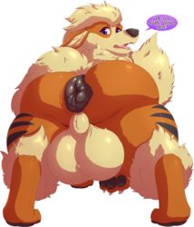 2017 alpha_channel anus arcanine arcy_the_arcanine ass balls big_balls big_butt canine fur huge_balls huge_butt hyper hyper_anus impaledwolf inner_ear_fluff looking_at_viewer male male_only mammal nintendo nude open_maw pokemon pokemon_(species) presenting presenting_hindquarters purple_eyes rear_view solo speech_bubble text thick_thighs video_games