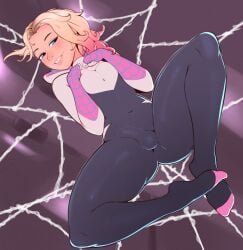 1futa absurd_res big_breasts blonde_hair blue_eyes bodysuit breasts bulge bulge_through_clothing clothed clothing flaccid flat_chest fully_clothed futa_only futanari gwen_stacy happy hi_res human light-skinned_futanari light_skin lurkin lurkinpanda lying marvel on_back penis penis_under_clothes shy small_breasts small_penis smile solo spider-gwen spider-man:_across_the_spider-verse spider-man:_into_the_spider-verse spider_web thick_thighs tight_clothing web