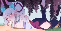 1boy 1girls ass athletic_female blowjob blue_eyes breasts clothed clothing fellatio female horns human human_penetrating ilewdha league_of_legends legs_up light-skinned_male male penis riot_games spirit_blossom_series spirit_blossom_syndra syndra white_hair