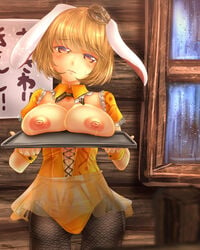 alternate_costume animal_ears areola_slip areolae blonde_hair bow bowtie breast_rest breasts breasts_on_tray bunny_ears bunny_girl bunnysuit carried_breast_rest cleavage commentary_request cup dango detached_collar dutch_angle eyebrows_visible_through_hair female fishnet_pantyhose fishnets floppy_ears food hands_up hat head_tilt highres holding holding_tray indoors large_breasts leotard looking_at_viewer miniskirt navel nipples open_mouth pantyhose plate red_eyes ringo_(touhou) see-through short_hair short_sleeves shounen_(hogehoge) skirt smile solo standing steam sweat touhou tray wagashi window