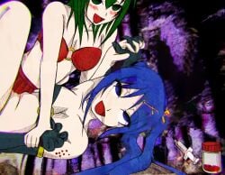 2013 2girls bikini blue_eyes blue_hair blush bottle breasts chimera_(maha's_story) cleavage collarbone drooling drugged drugs echidna_(maha's_story) edited edited_screencap elbow_gloves ell182a_(masa_works_design) empty_eyes encantada_(vocaloid) female/female forced_yuri girl_on_girl gloves grabbing_wrist green_eyes green_hair gumi hair_ornament hair_ribbon hatsune_miku humping injury interlocked_fingers long_hair maha's_story_series masa_works_design medium_hair mv_character o-ring o-ring_top official_art open_mouth pill_bottle pills rape red_bikini red_skirt saliva skirt spread_legs syringe tears third-party_edit track_marks twintails vocaloid yuri