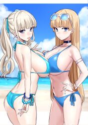 2girls ass bikini blonde_hair blue_bikini blue_eyes blue_sky blunt_bangs blush bracelet breast_press breasts choker day halterneck huge_breasts light_blonde_haired_girl_(michihasu) lina_(michihasu) long_hair looking_at_viewer michihasu navel ocean original outdoors painted_fingernails side-tie_bikini_bottom silver_hair sky swimsuit symmetrical_docking tongue tongue_out twintails