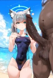 1boy 1girls ai_generated animal_ears balls beach beach_sex benisman blue_archive clothed_female_nude_male dark-skinned_male dark_penis dark_skin green_hair huge_cock inner_ear_fluff interracial large_penis light-skinned_female light_skin looking_at_penis shiroko_(blue_archive) shiroko_(swimsuit)_(blue_archive) size_difference swimsuit veiny_penis wolf_ears