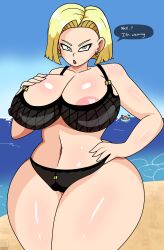 alternate_version_at_source alternate_version_available android android_18 areolae beach black_lingerie blonde_hair blue_eyes breasts curvaceous curvy curvy_figure detailed_background dialogue digital_media_(artwork) dragon_ball dragon_ball_z english english_dialogue english_text hand_on_breast hand_on_hip large_ass large_breasts lingerie lingerie_bra lingerie_only lingerie_panties milf mommy_kink nipples_visible_through_clothing nude nude_female ocean pink_nipples solo solo_female solo_focus talking_to_viewer text_bubble thick_thighs tkd