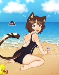 1girls animal_tail background beach brown_eyes brown_hair cat_ears catgirl crab cute fang glasses hair_ornament miaelou miaelou_(artist) ocean sandcastle smile swimsuit tail virtual_youtuber vtuber