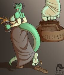 argonian argonian_female barmaid foot_fetish footwear lizard nessei non-mammal_breasts scalie sweat tagme waitress zp92