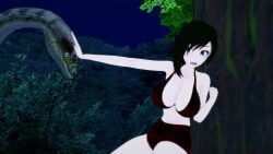 1boy 1girls 3d angry bikini black_hair breasts crossed_arms crossover jungle kaa koikatsu large_breasts lipstick mrkoiru outdoors pale_skin red_lipstick ruby_rose rwby short_hair silver_eyes snake swimsuit the_jungle_book tree