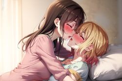 2girls ai_generated bed blanket blonde_hair blush breasts closed_eyes cute female female_only french_kiss girl_kisses_girl kanojo_okarishimasu kissing kissing long_hair mizuhara_chizuru multiple_girls nanami_mami pillow saliva short_hair sweat tongue yuri yuri