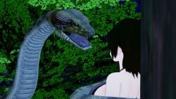 1boy 1girls 3d bikini black_hair breasts cleavage coiling crossover hypnosis jungle kaa kaa_eyes koikatsu large_breasts leaning_forward lipstick mind_control mrkoiru outdoors pale_skin red_lipstick ruby_rose rwby short_hair snake swimsuit the_jungle_book tree vore