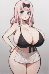 1girls ai_generated alternate_breast_size big_breasts big_hips bikini_top black_bow black_bra blue_eyes breasts_bigger_than_head female female_only fujiwara_chika hands_on_hips hips huge_breasts human kaguya-sama_wa_kokurasetai_~tensai-tachi_no_renai_zunousen~ no_panties no_pants pink_hair solo wide_hips wide_thighs