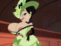 1girls areola_slip areolae black_hair bow breasts cartoon_network cleavage collar dress earrings edited_screencap female female_focus female_only gloves hat hyper hyper_breasts josephine_clench large_breasts lips samurai_jack screenshot screenshot_edit side_eye unknown_artist