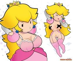 1girls arm_behind_head big_breasts blonde_hair bra breasts_out busty child_bearing_hips cleavage curvy dress gloves gosgoz large_breasts long_hair maebari mario_(series) naughty_face navel one_eye_closed open_mouth paper_mario paper_peach pose posing princess_peach puckered_lips sensual smile solo solo_female wink