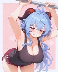 1girls ai_generated alternate_breast_size armpits blue_hair breasts cleavage female female_only ganyu_(genshin_impact) genshin_impact horns large_breasts short_shorts shorts solo thighs unajyu