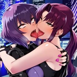 ai_generated black_lagoon french_kissing ghost_in_the_shell ghost_in_the_shell_stand_alone_complex kissing kusanagi_motoko powerhouserift revy tongue_kiss tongue_touching_another's_tongue tongues_touching yuri