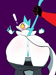 ! 1girls anus before_anal bent_over blue_anus blue_pussy blue_tail blush cyan_ears cyan_pussy cyan_tail deltarune exclamation_mark female floating_hands gasp looking_at_viewer looking_back lovetopullmicke maledom no_panties pants pants_down png pov pulling_tail purple_background pussy red_body robot robot_girl solid_colors startled surprised_expression tail tail_grab tail_pull tasque_manager_(deltarune) thick_thighs violet_background white_body white_skin wide_eyed wide_hips yellow_sclera