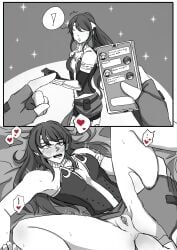 1boy 1girls ahe_gao anal anal_penetration anal_sex armlet before_and_after black_and_white blush bottomless bracer circlet comic corset cutecherryart gorget happy happy_sex high_ponytail jaune_arc long_hair monochrome no_panties phone phone_screen ponytail pussy pyrrha_nikos rwby sex shaved_pussy smartphone spoken_heart