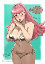 1girls ;) ;p absurdres alternate_costume bare_arms bare_shoulders bikini blunt_bangs blush breasts cowboy_shot deliciousbra deliciousbrain female female_only fire_emblem fire_emblem:_three_houses gold_bikini gold_swimsuit golden_week hands_up highres hilda_valentine_goneril large_breasts long_hair looking_at_viewer nail_polish navel one_eye_closed own_hands_together pink_eyes pink_hair pink_nails side-tie_bikini_bottom smile solo standing stomach swimsuit thighs tongue tongue_out yellow_bikini yellow_swimsuit