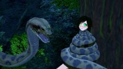 1boy 1girls 3d bikini black_hair breasts cleavage coiling crossover happy_trance hypnosis jungle kaa kaa_eyes koikatsu large_breasts leaning_forward lipstick mind_control mindless mrkoiru outdoors pale_skin red_lipstick ruby_rose rwby short_hair smile snake swimsuit the_jungle_book tree vore