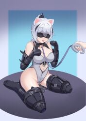 armbinder bell bell_collar bitchsuit blindfold bondage bound cat_ears catgirl collar honkai_(series) honkai_impact_3rd kiana_kaslana leash leash_and_collar leash_pull pet_collar petplay puddle slave tongue_out white_hair