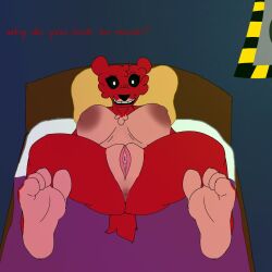 bed bedroom bobby_bearhug critters_(poppy_playtime) female female_only furry_only no_humans palatis poppy_playtime poppy_playtime_(chapter_3) pussy red_body red_fur red_skin showing_pussy simple_shading smiling_critters