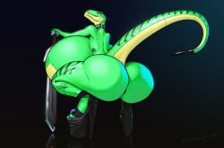aisha_neavi alternate_version_available anthro ass big_ass big_breasts big_butt borisalien breasts claws cybernetics cyberpunk cyborg dinosaur enormous_breasts female female_only footwear green_body high_heels huge_breasts hyper hyper_breasts inflatable looking_back multicolored_body nude raptor reptile scalie solo sword tail theropod toe_claws weapon yellow_body