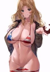 amasora_taichi american_flag_bikini bikini blonde_hair blue_eyes breasts female girls_und_panzer kay_(girls_und_panzer) large_breasts looking_at_viewer navel panty_pull pubic_hair smile solo