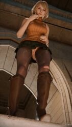 1girls 3d ashley_graham ashley_graham_(ella_freya) ass blonde_hair boots bubble_butt busty capcom female female_focus female_only going_commando hourglass_figure light-skinned_female light_skin pussy resident_evil resident_evil_4 skirt smutnysize solo tagme upskirt vagina wide_hips