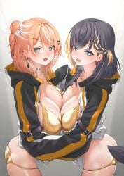 2girls anchor_earrings bikini black_hair black_jacket blonde_hair blue_eyes breast_press cleavage earrings gishu gold_bikini igarashi_rika looking_at_viewer nijisanji nijisanji_en petra_gurin symmetrical_docking virtual_youtuber vtuber