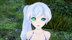 3d bikini blue_eyes blue_lipstick breasts coiling confusion crossed_eyes facial_scar femsub hypnosis jungle kaa kaa_eyes koikatsu lipstick long_hair maledom medium_breasts mind_control mrkoiru open_mouth outdoors ponytail rwby scar snake swimsuit the_jungle_book weiss_schnee white_hair