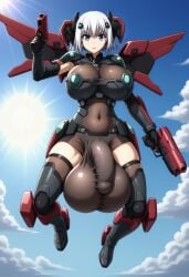 1futa ai_generated armor balls_bigger_than_penis balls_under_clothes big_balls big_breasts big_penis blue_eyes blue_sky bodysuit bulge civitai clothed cloud date_a_live dual_wielding flaccid flaccid_penis flying full-package_futanari fully_clothed futa_only futanari gun handgun holding_gun holding_weapon huge_balls huge_breasts huge_bulge intersex kuudere mecha_musume mizuiro01 outdoors penis_under_clothes pistol shiny short_hair skin_tight sky solo solo_futa sun testicles tobiichi_origami white_hair