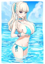 1girls bikini blue_bikini blue_eyes blue_sky blue_swimsuit blush bracelet breast_hold breasts choker huge_breasts lactation lactation_through_clothes light_blonde_haired_girl_(michihasu) long_hair looking_at_viewer michihasu ocean open_mouth original painted_fingernails sidelocks silver_hair sky swimsuit twintails